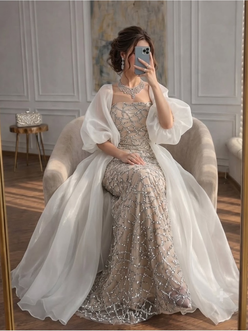 Elegant Beaded Evening Gown in Champagne with Sheer White Overlay